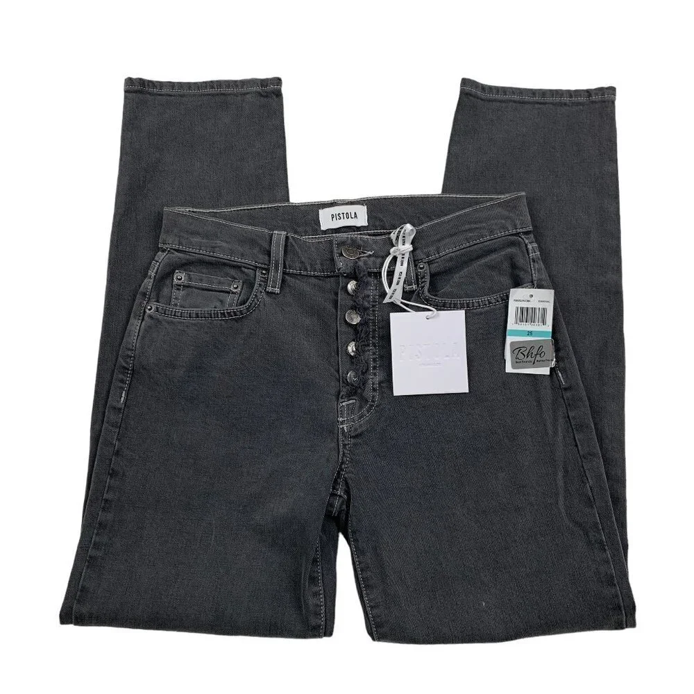 Pistola Charlie High Rise Straight Distressed Gray Wash Button Fly Women's SZ 25
